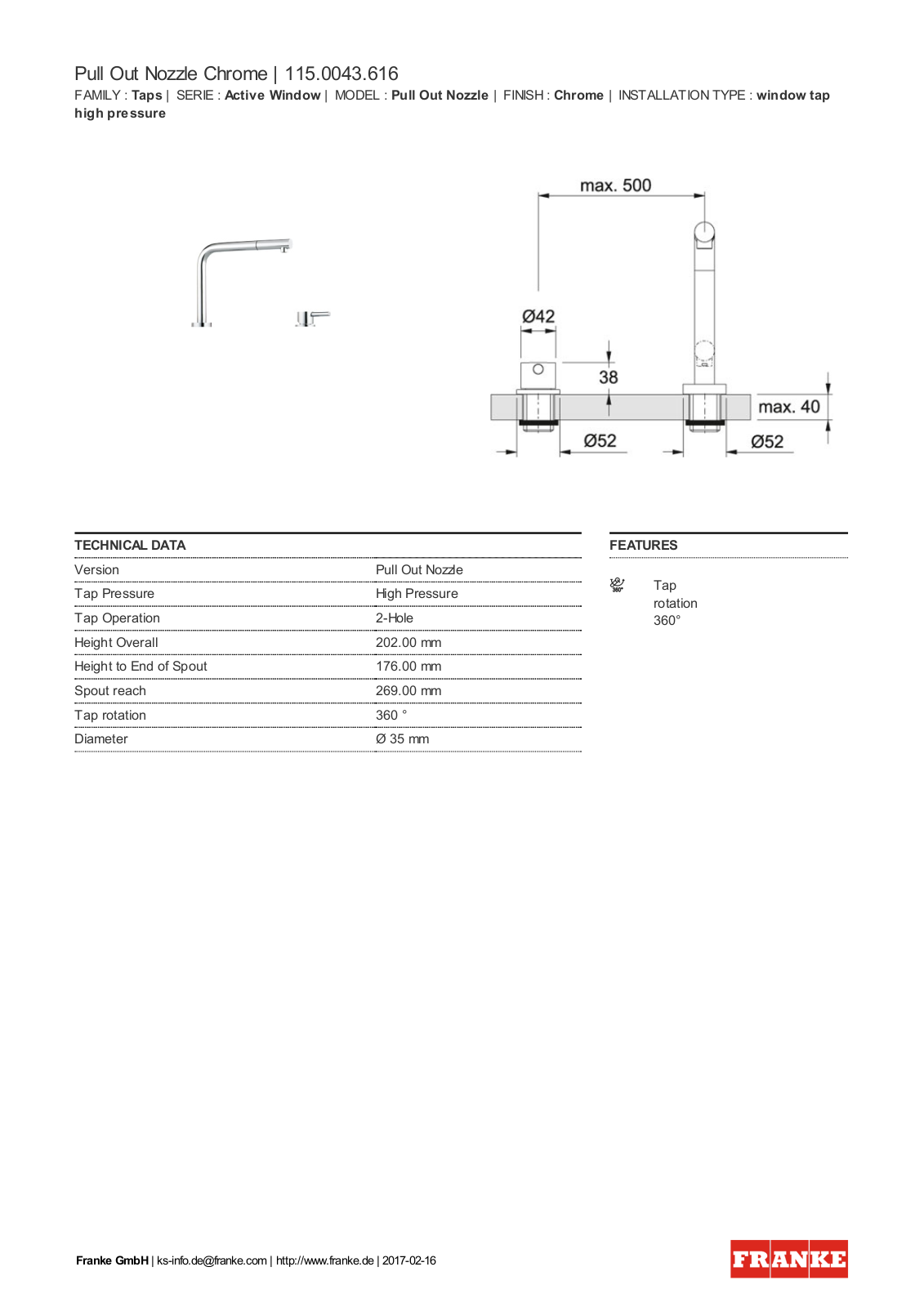 Franke 115.0043.616 Technical data