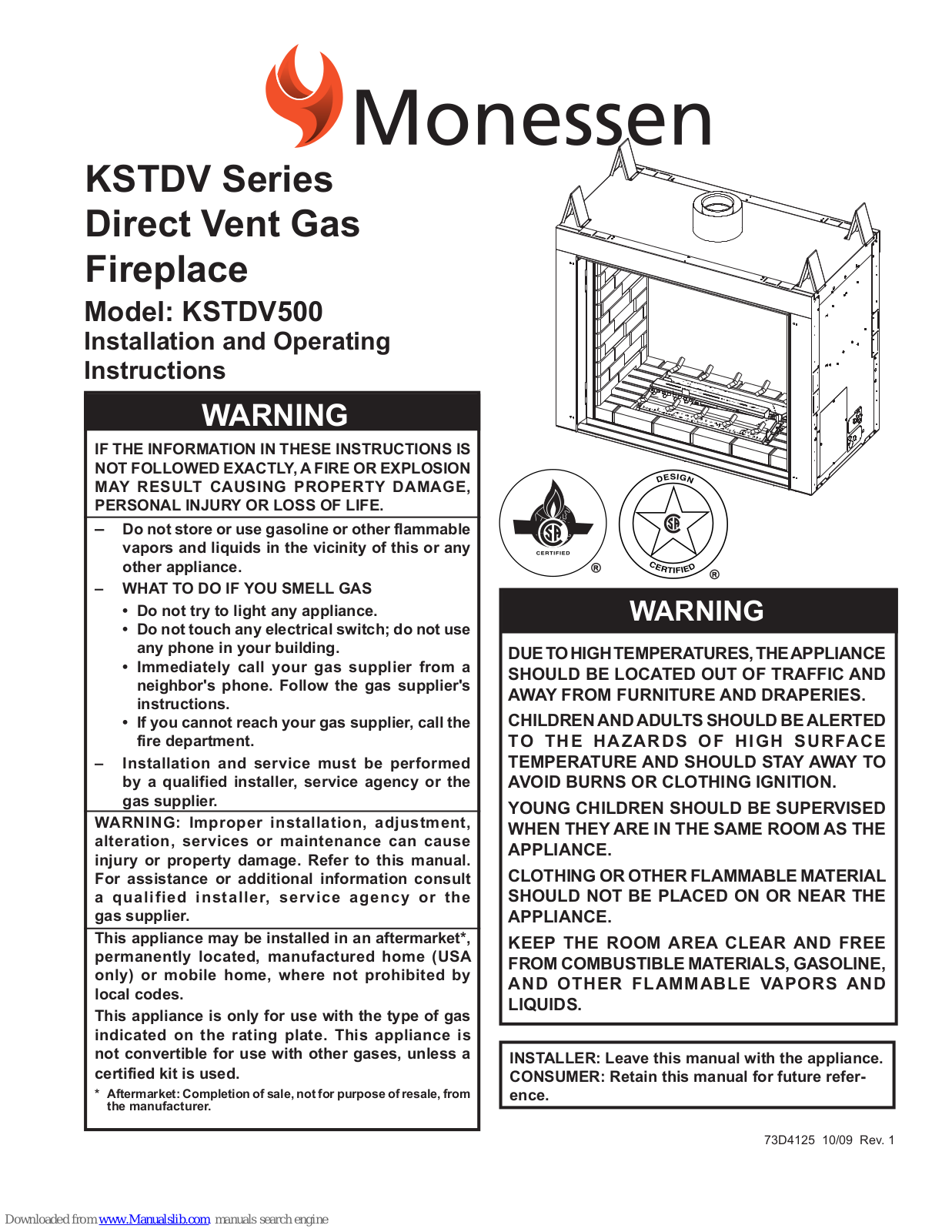 Monessen Hearth KSTDV500 Installation And Operating Instructions Manual