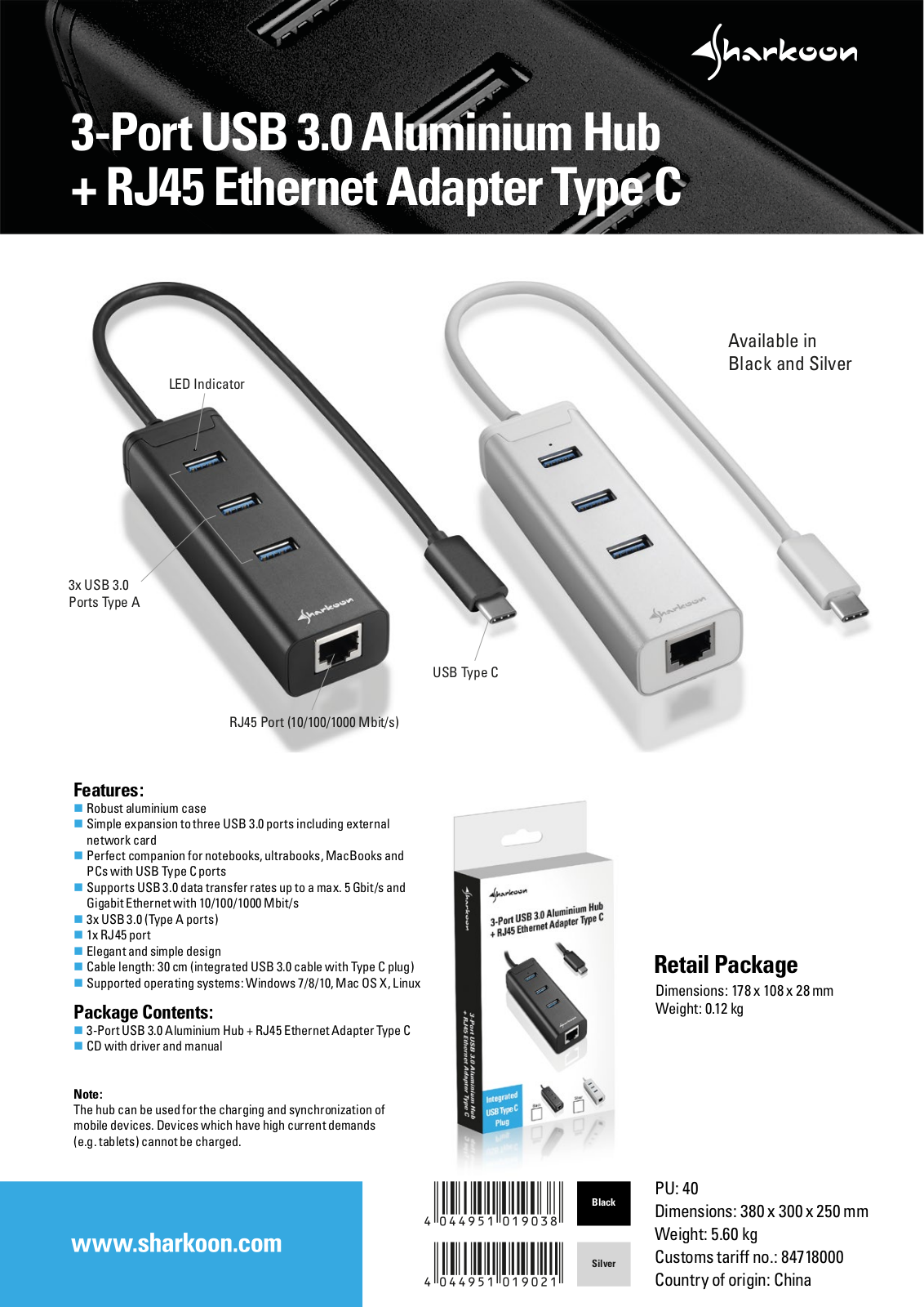 Sharkoon 3-Port USB 3.0 Aluminium Hub User Manual