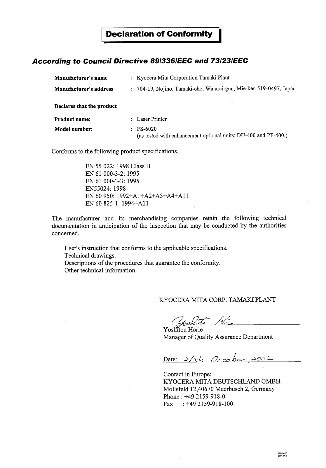 Mita-Kyocera FS-6020 Declaration of Conformity