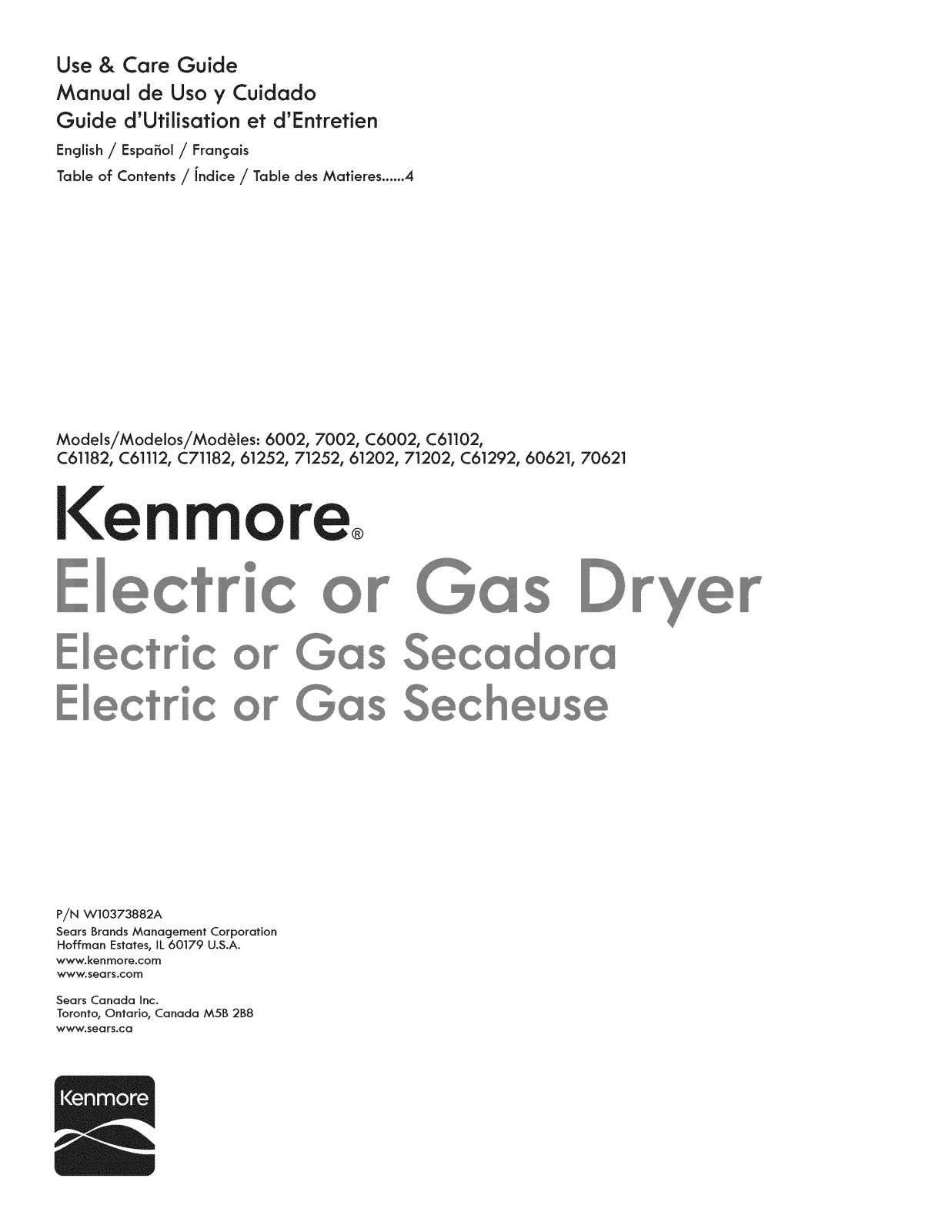 Kenmore 110C71182011, 110C61292011, 11071252012, 11071252011, 11071202012 Owner’s Manual