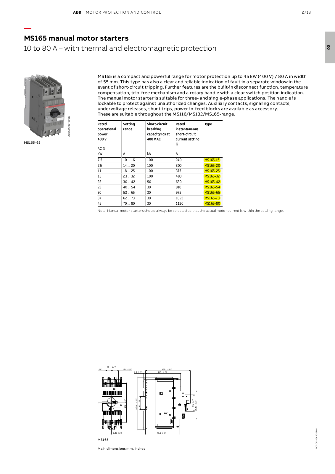 ABB MS165 Technical Data