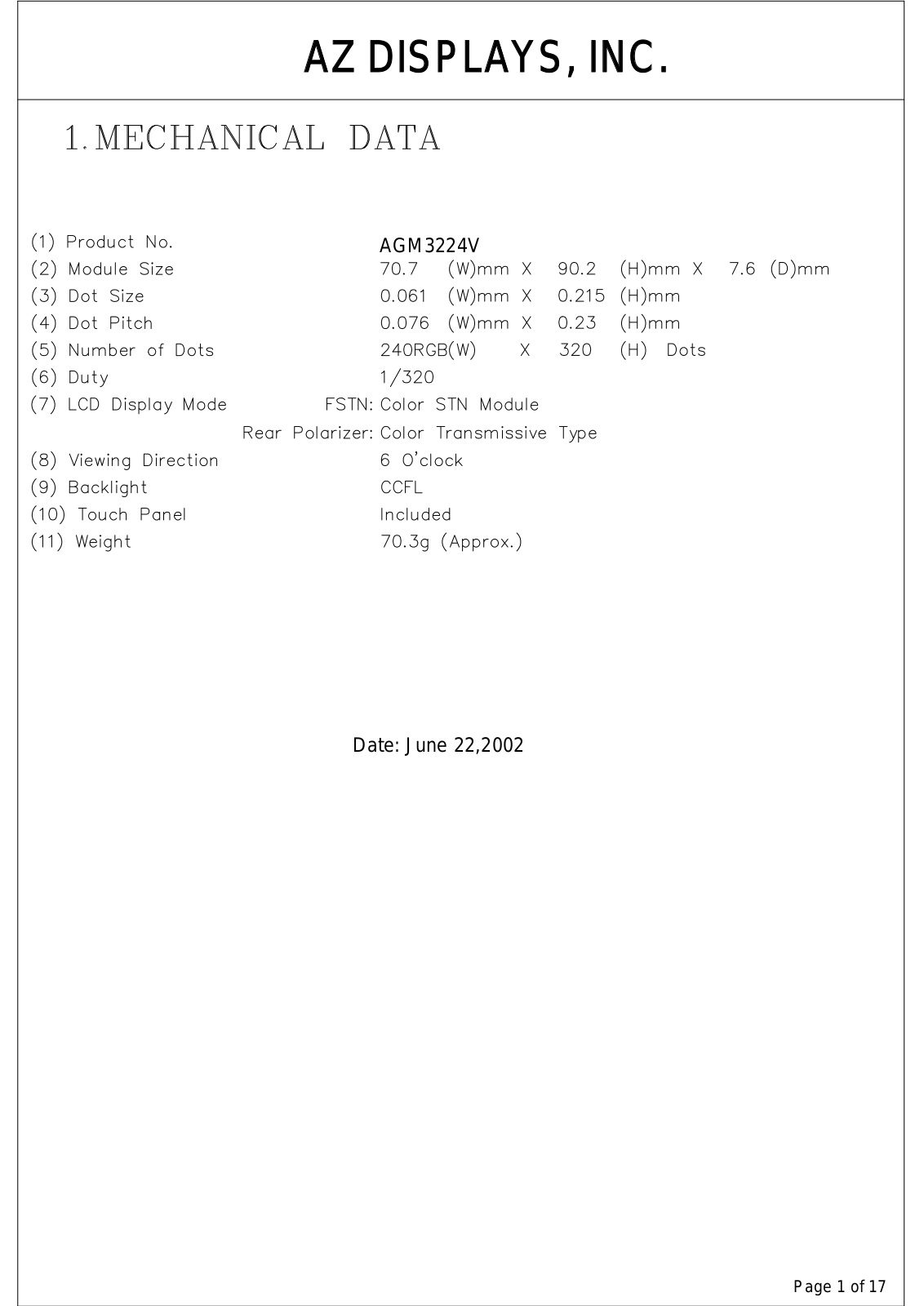 AZDIS AGM3224V-NC-FBS-T, AGM3224V-MC-FBS-T, AGM3224V-MC-FBD-T Datasheet