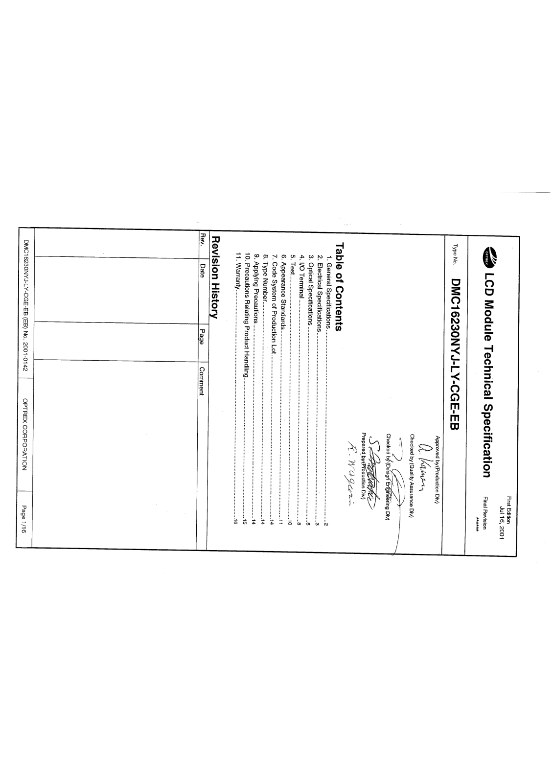 OPTREX DMC16230NYJ-LY-CGE-EB Datasheet