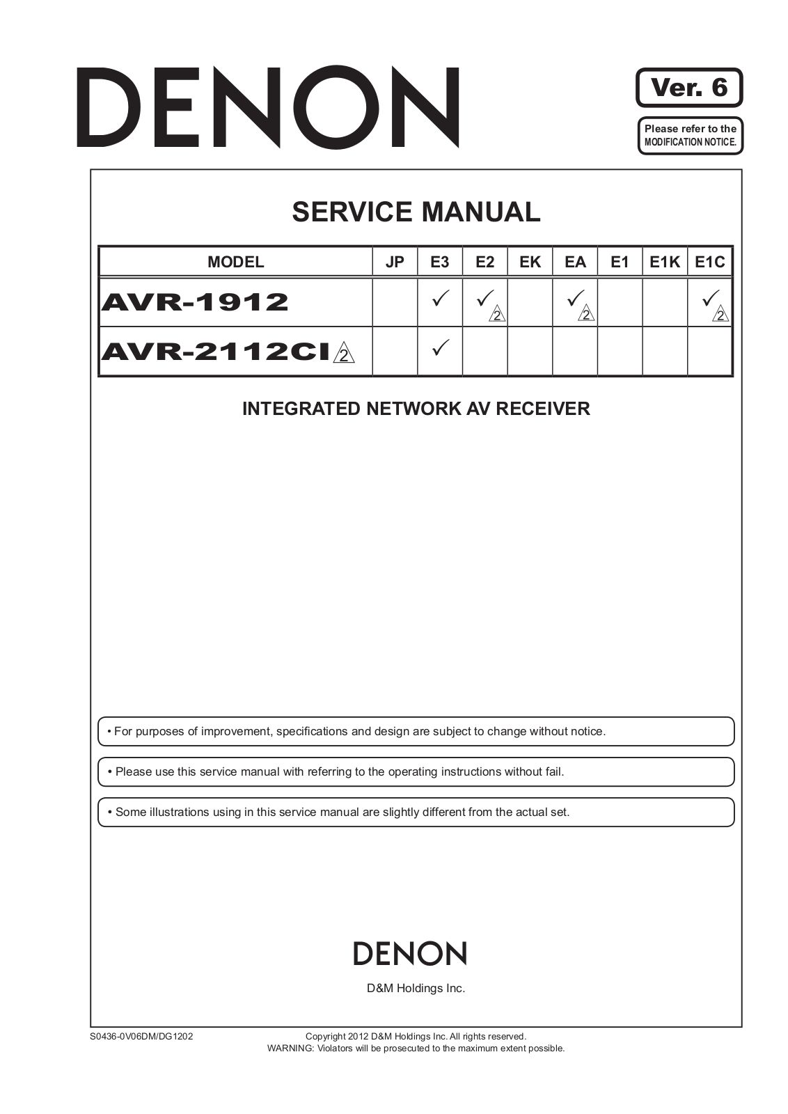 Denon AVR-1912E3, AVR-2112CIE3, AVR-1912E2, AVR-1912EA, AVR-1912E1C Service Manual