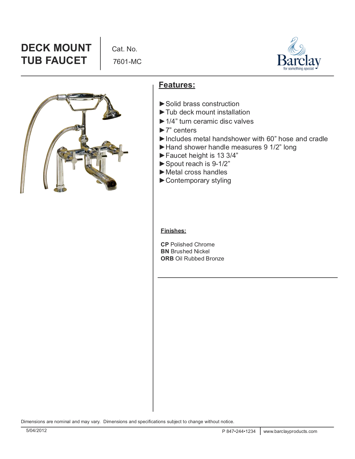 Barclay 7601MLORB Specifications