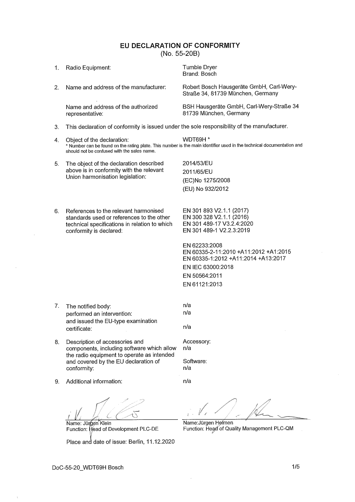 Bosch WTX88RH9GB, WTX88EH9GB EU Declaration of Confirmity