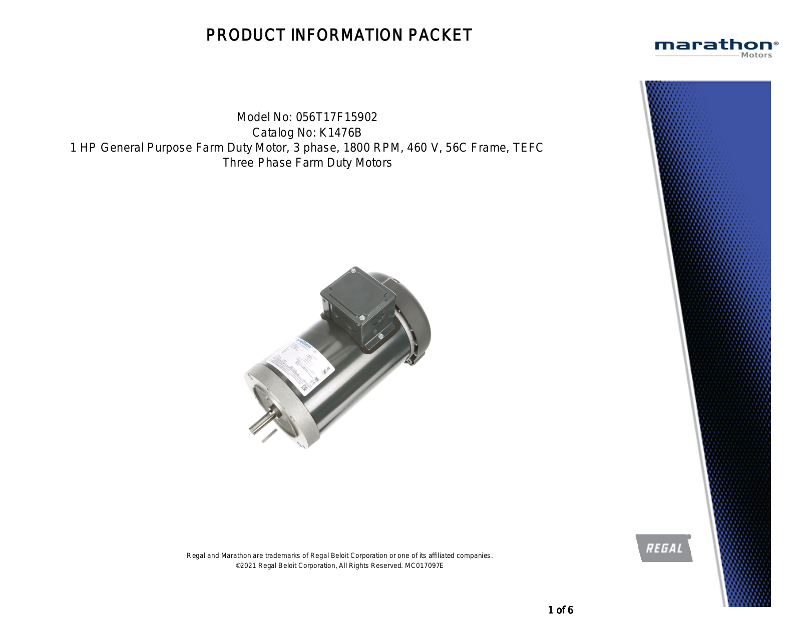 Marathon Electric 056T17F15902 Product Information Packet