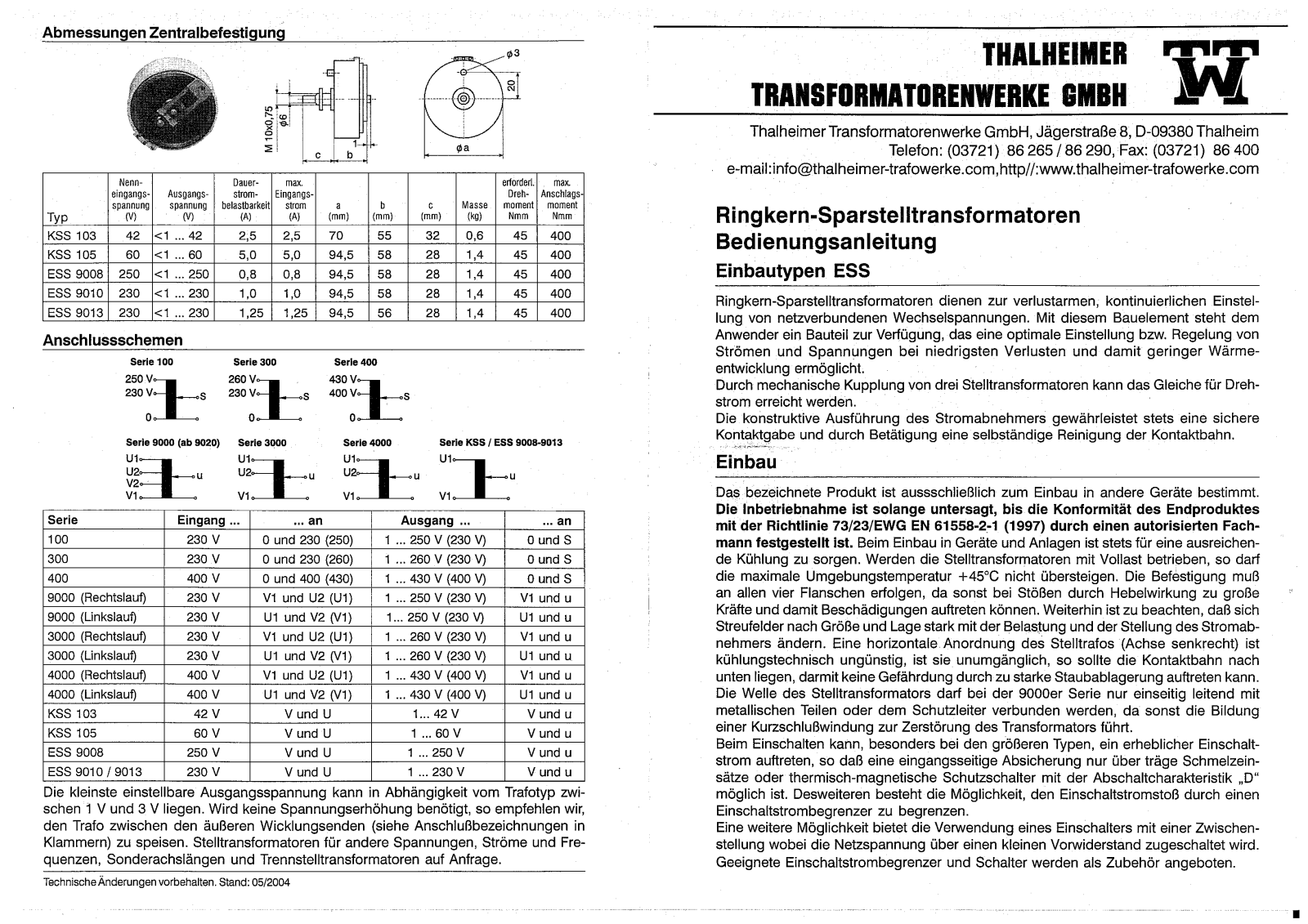 Thalheimer KSS 103, KSS 105, ESS 9008, ESS 9010, ESS 9013 User guide