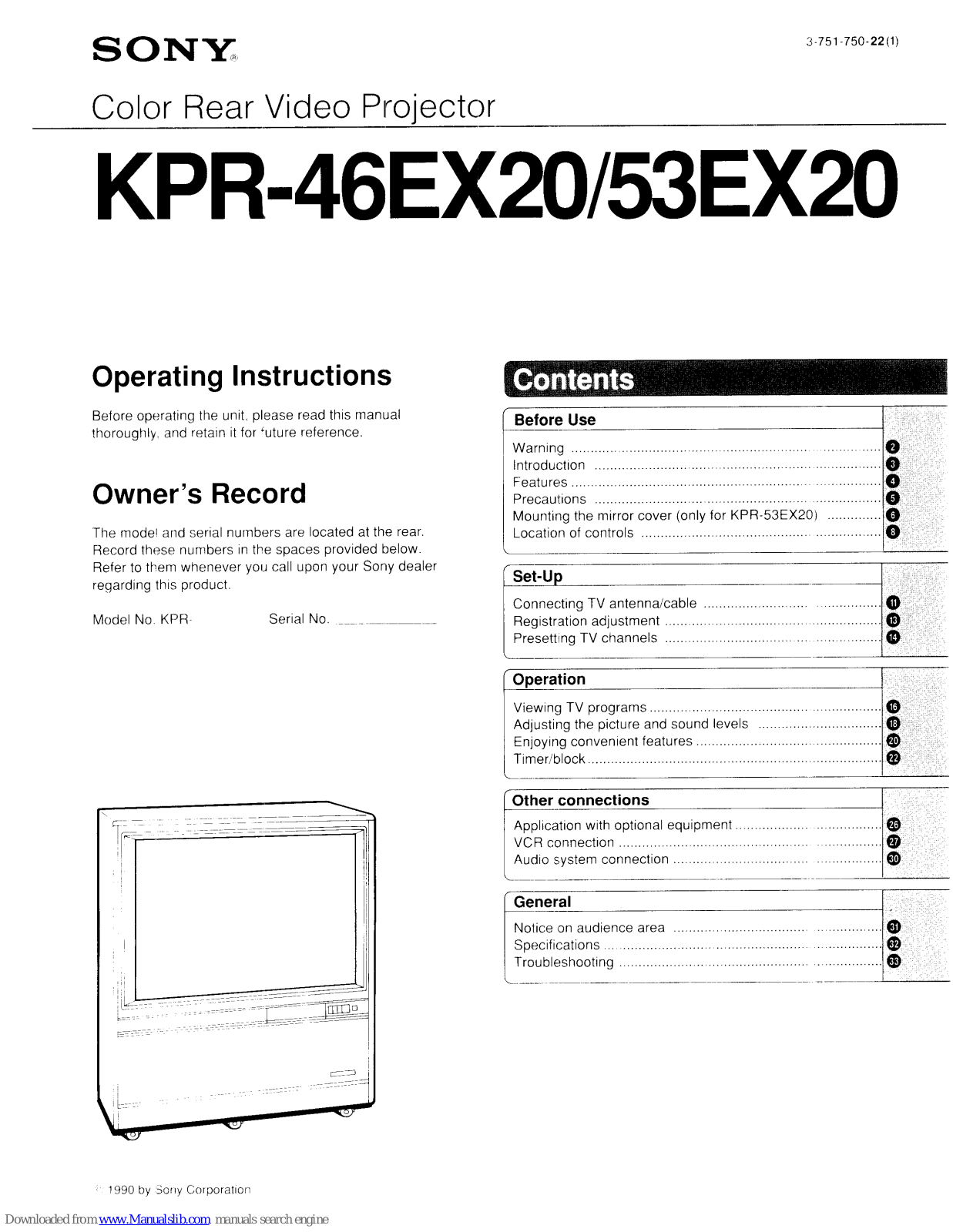 Sony KPR-46EX20,KPR-53EX20 Operating Instructions Manual