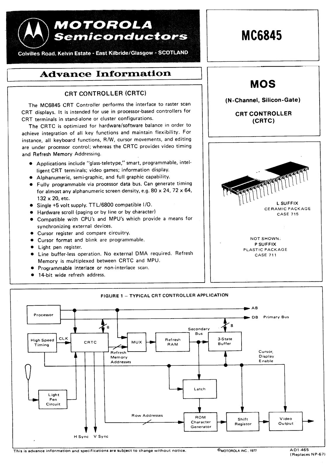 Motorola MC6845L, MC6845P Datasheet