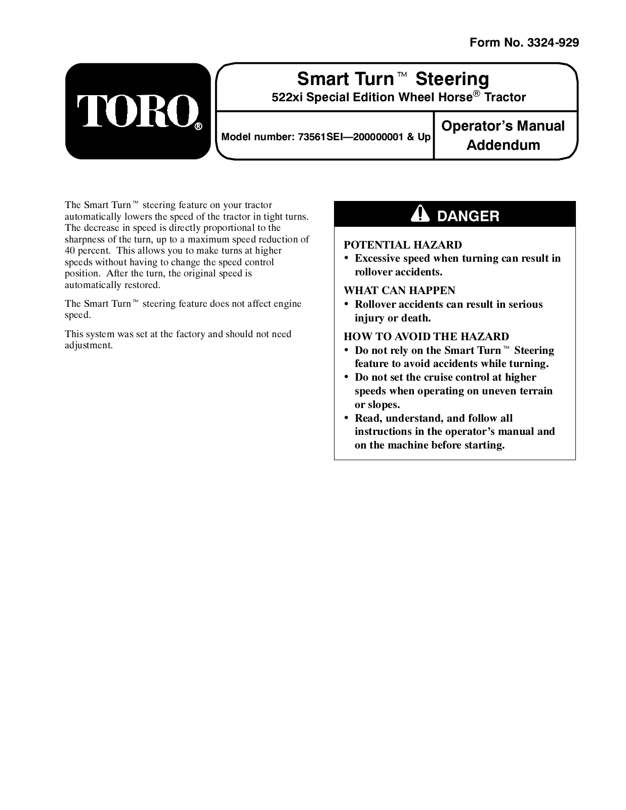 Toro 104-4671, 73561SEI Addendum