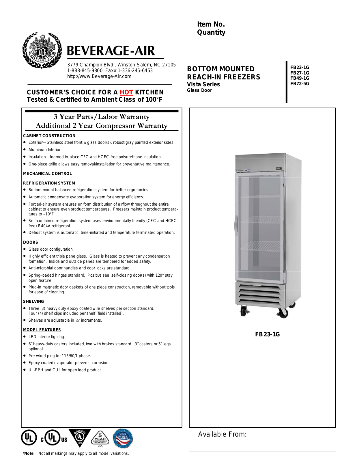 Beverage-Air FB231G, FB491G, FB271G Specifications