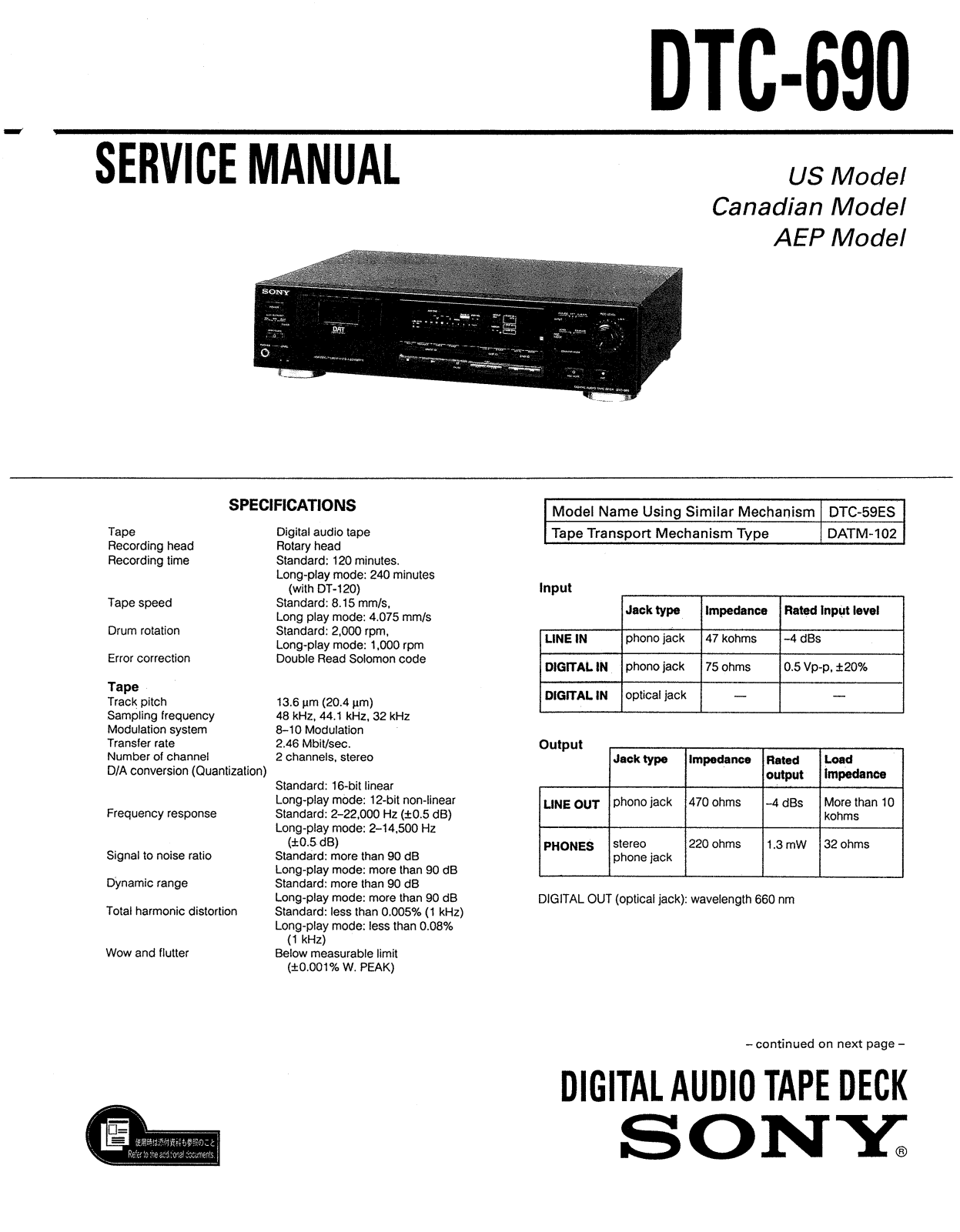 Sony DTC-690 Service manual