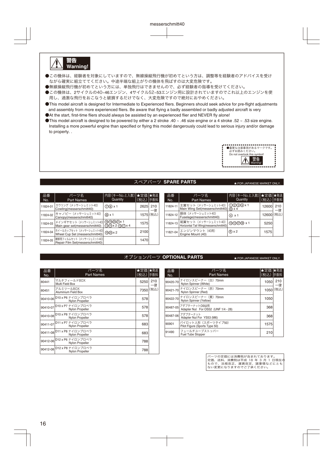 Kyosho MESSERSCHMITT 40 User Manual