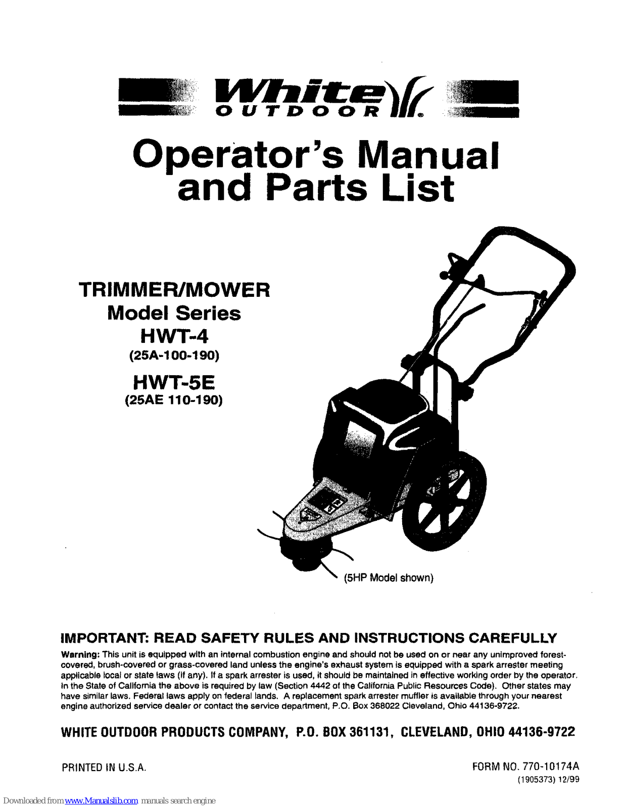 White Outdoor HWT-5E, HWT-4, 25A-100-190, 25AE-110-190 Operator's Manual And Parts List