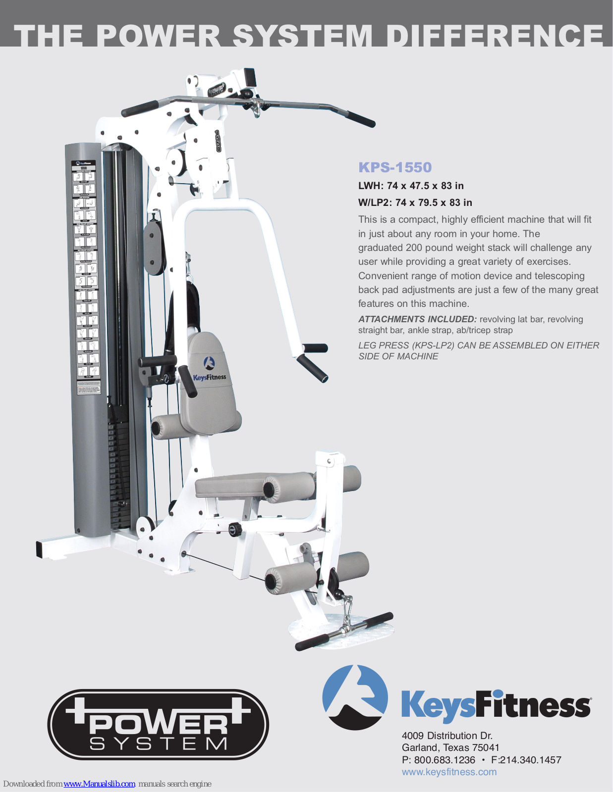 Keys Fitness Power System Difference KPS-1550 Specification Sheet