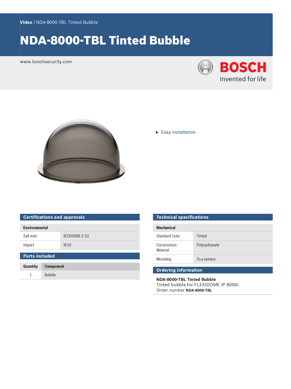 Bosch NDA-8000-TBL Specsheet