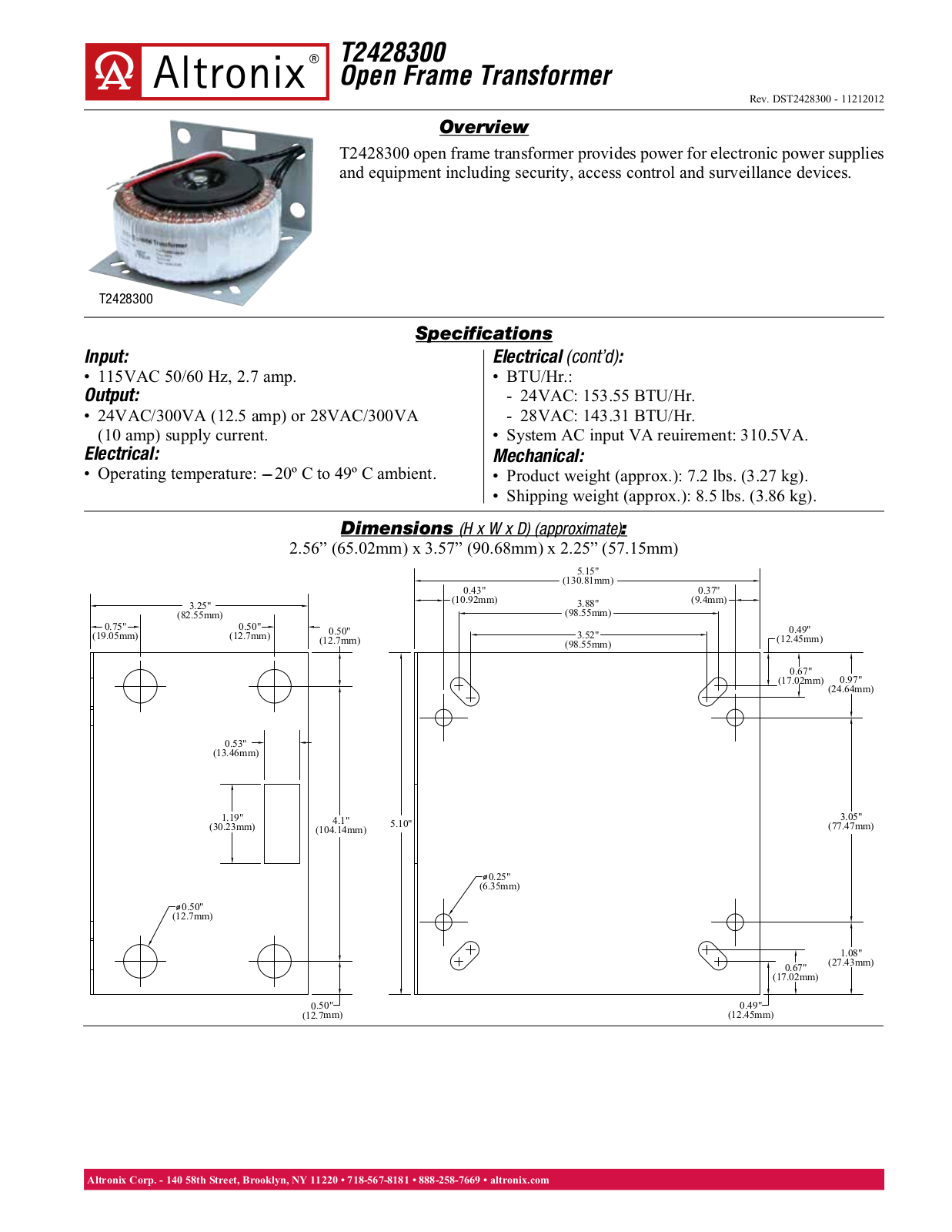 Altronix T2428300 Data Sheet