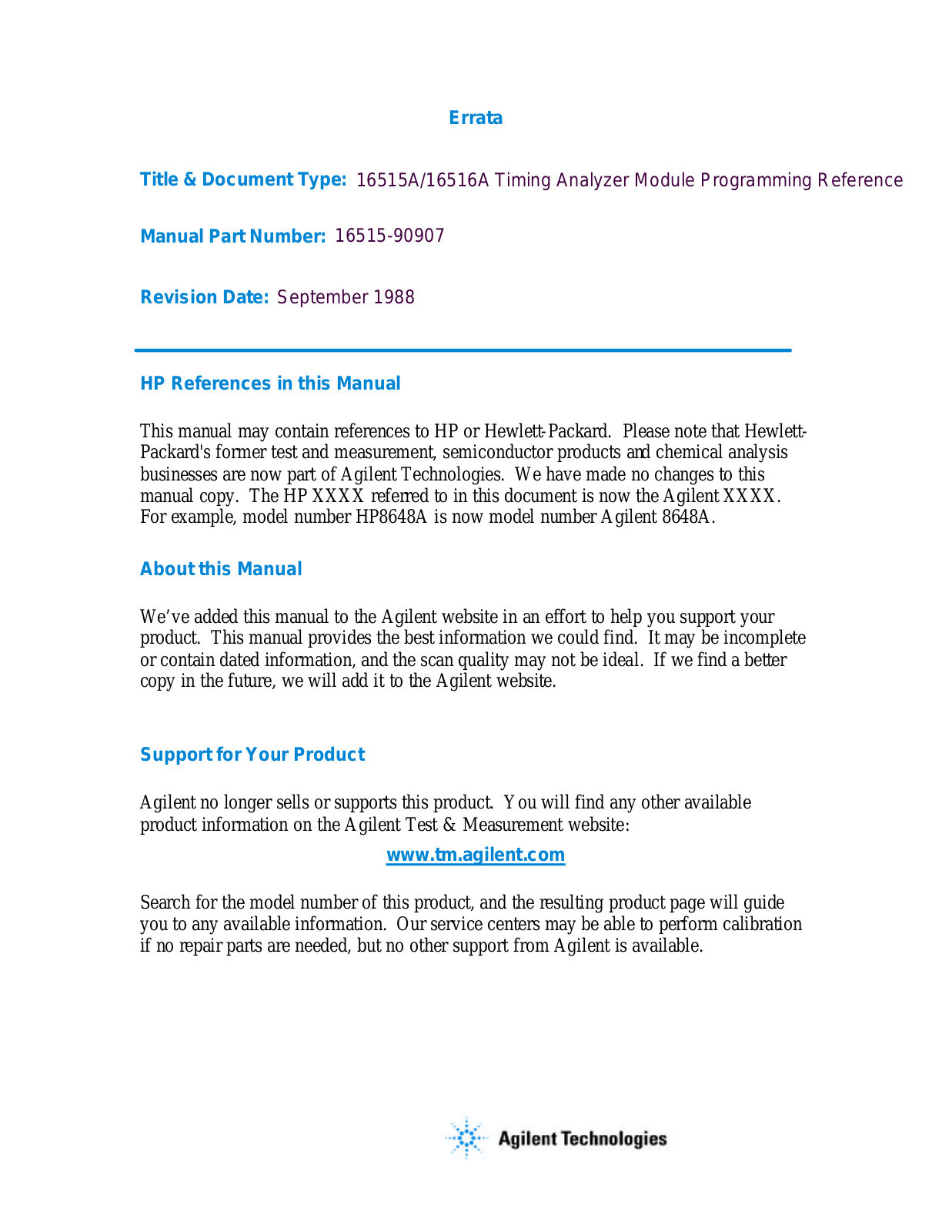 Agilent 5A_16516A PROG REF Datasheet - ManualMachine.com