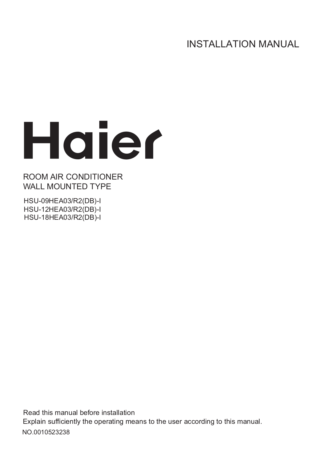 Haier HSU-12HEA03/R2, HSU-18HEA03/R2, HSU-09HEA03/R2, HSU-18HEA03-R2-I, HSU-12HEA03-R2-I User Manual