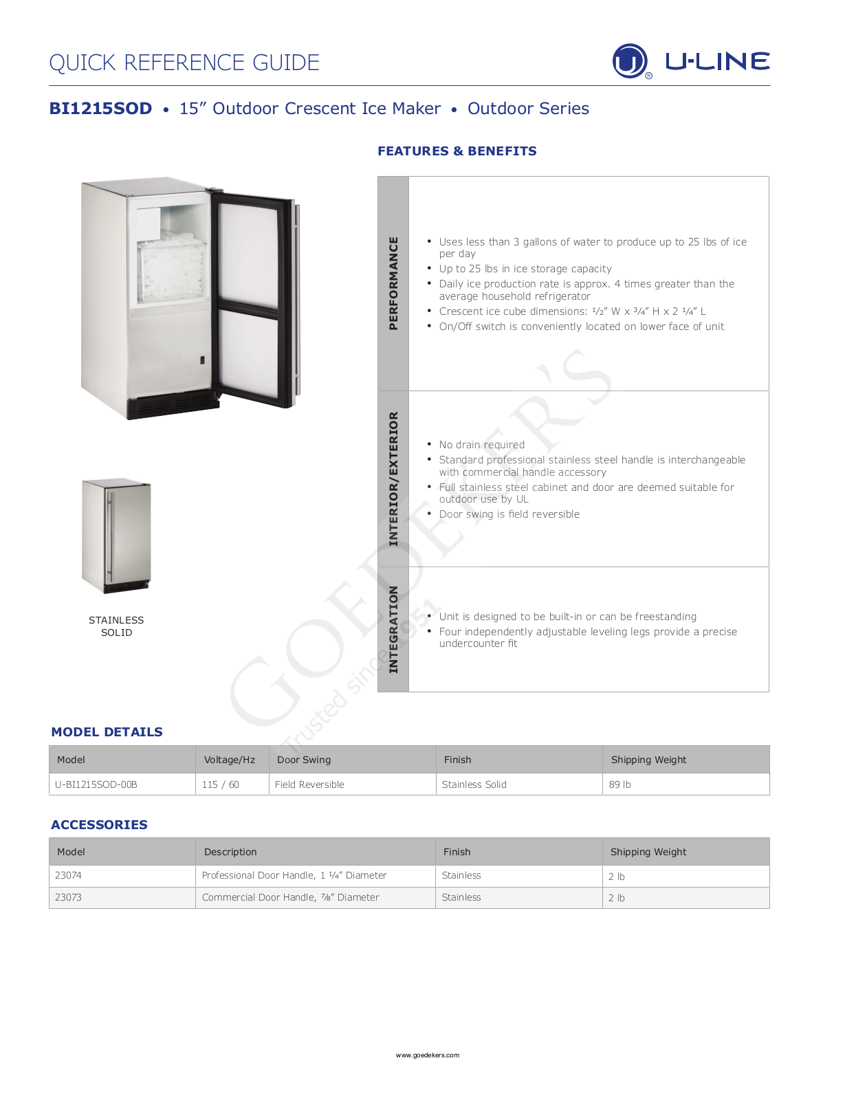 U-Line Outdoor Series, BI1215SOD Quick Reference Manual