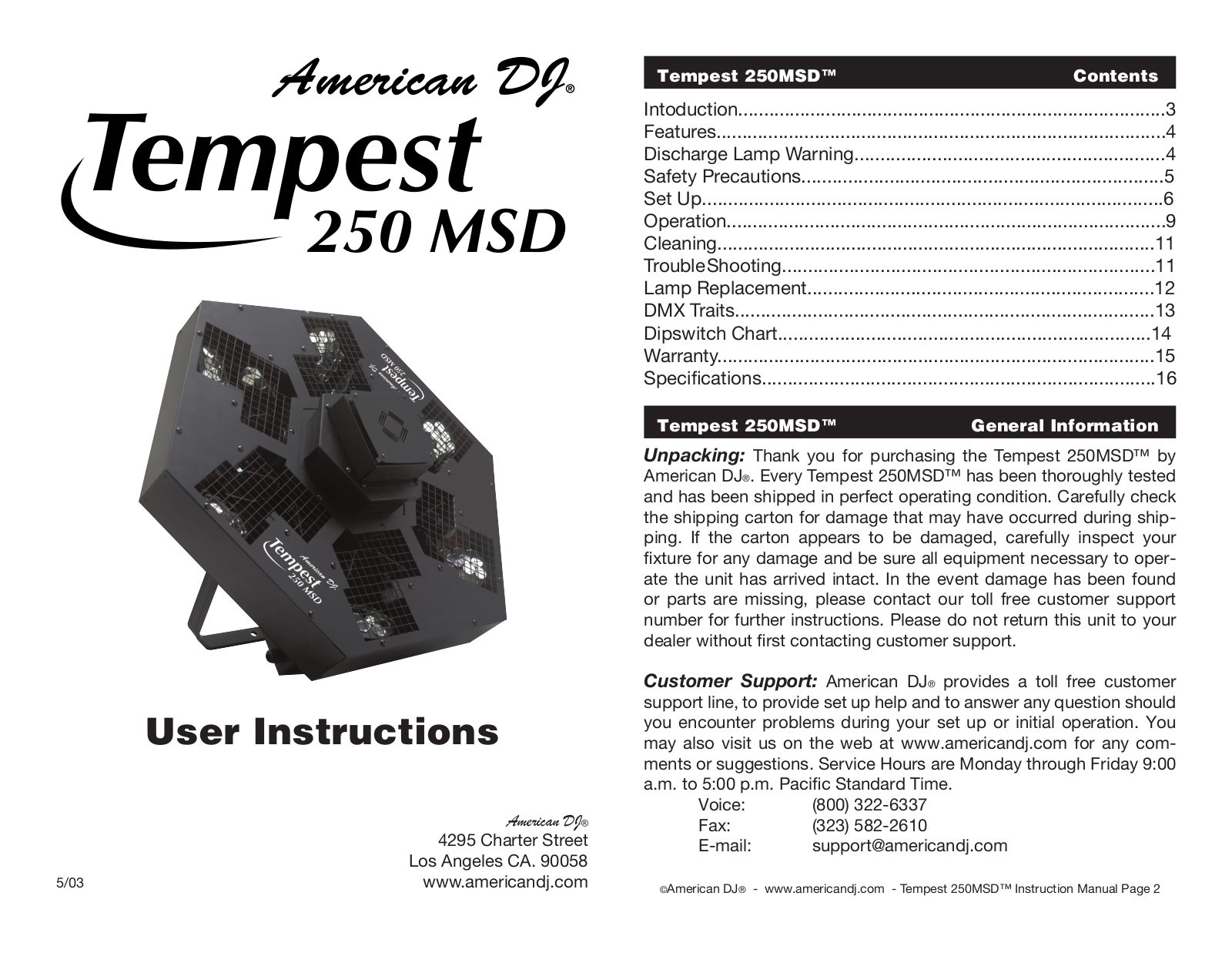 American DJ Tempest 250 MSD User Manual