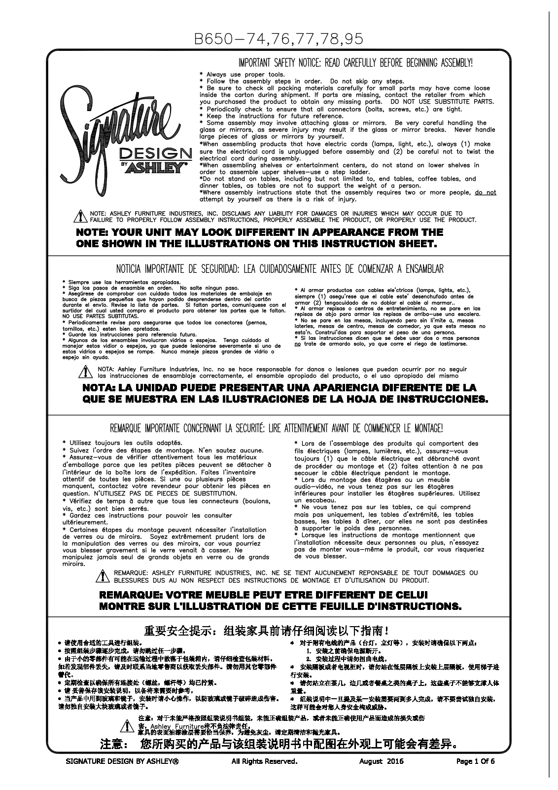 Ashley B6507876, B6507774, B6507895 Assembly Guide