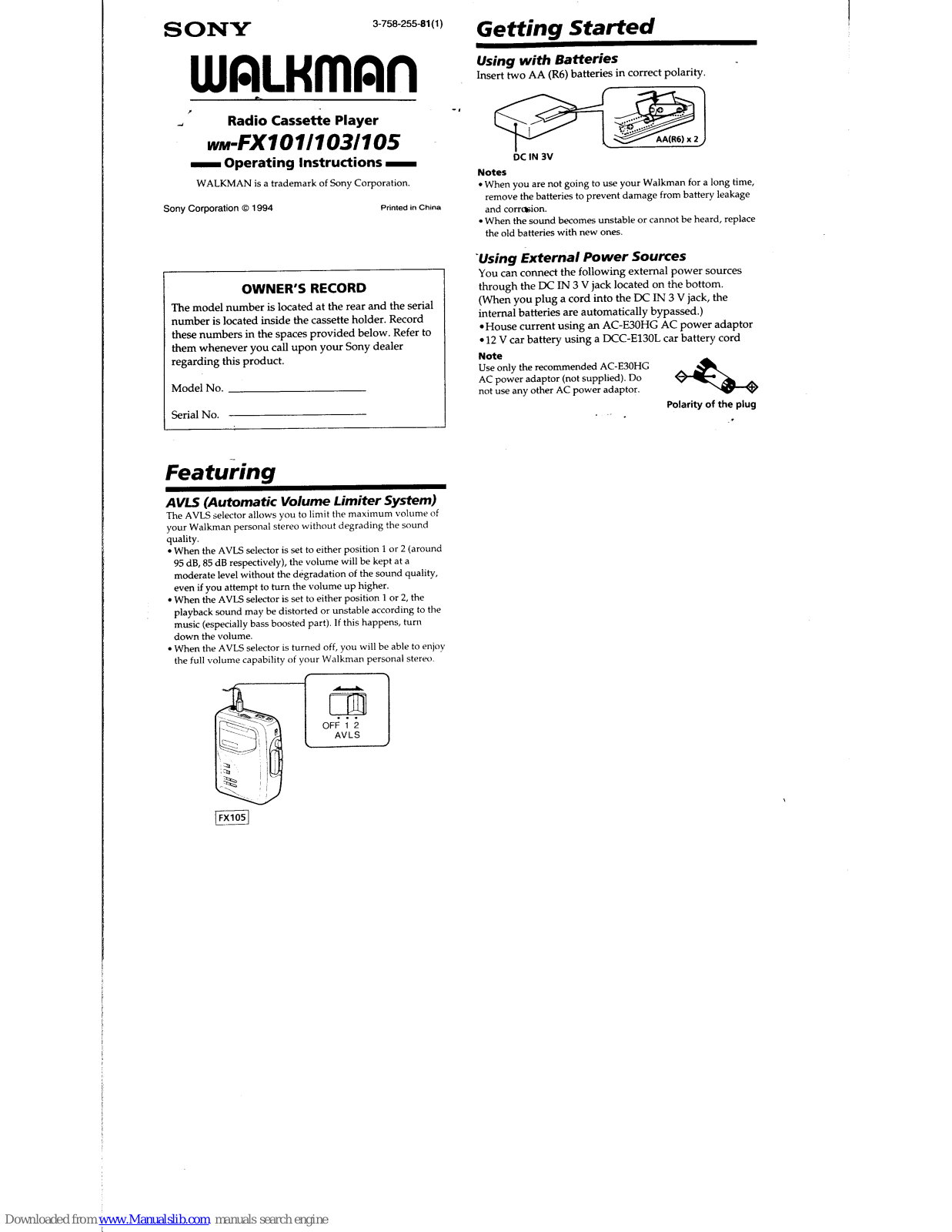 Sony Walkman wm-FX101, Walkman wm-FX103, Walkman wm-FX105 Operating Instructions Manual