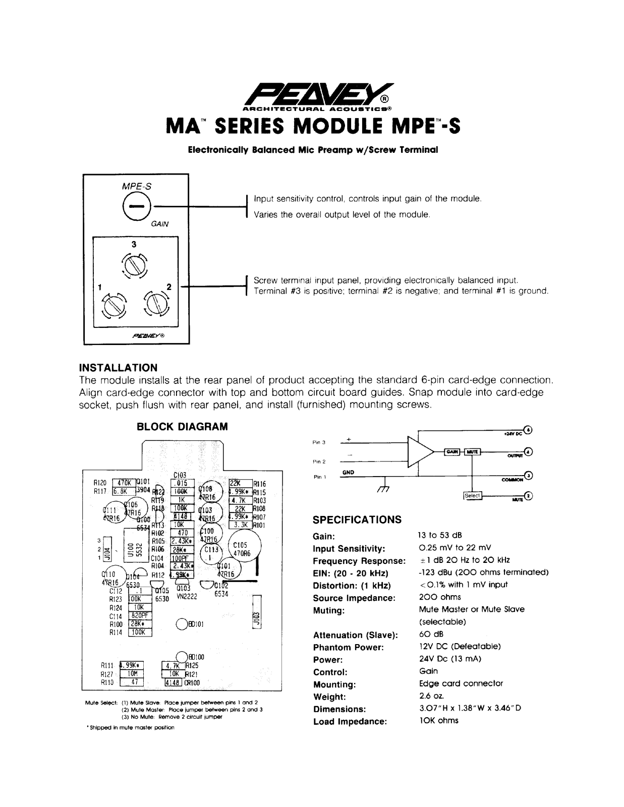 Peavey MA Series MODULE MPE-S INSTALLATION GUIDE