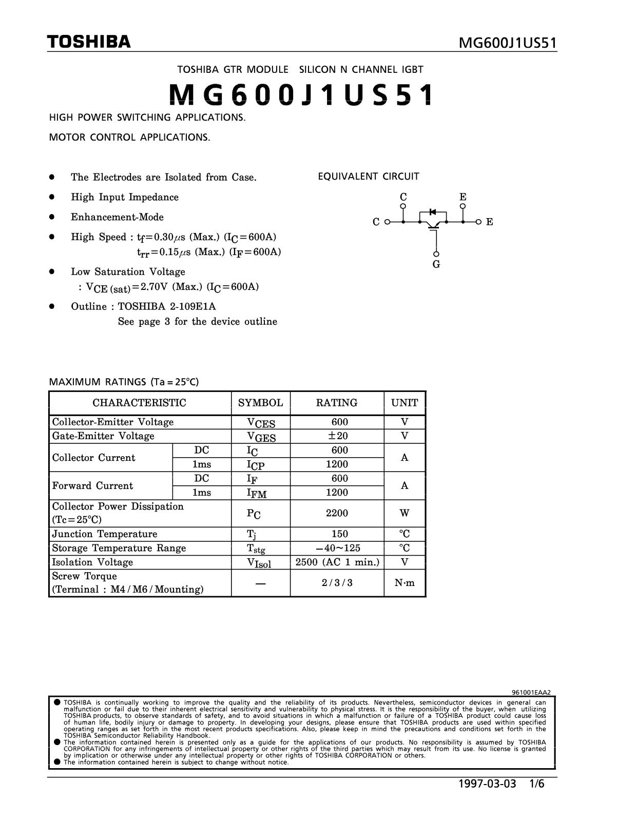 Toshiba MG600J1US51 Datasheet