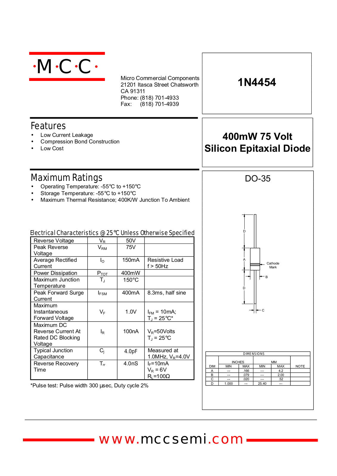 MCC 1N4454 Datasheet