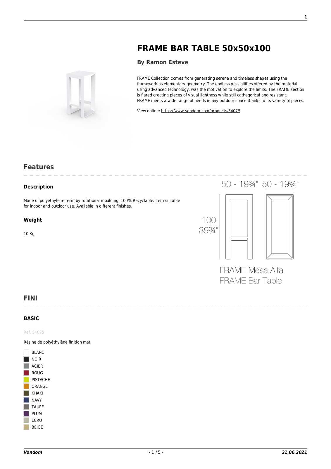 Vondom UCZW2010 Specifications - ManualMachine.com
