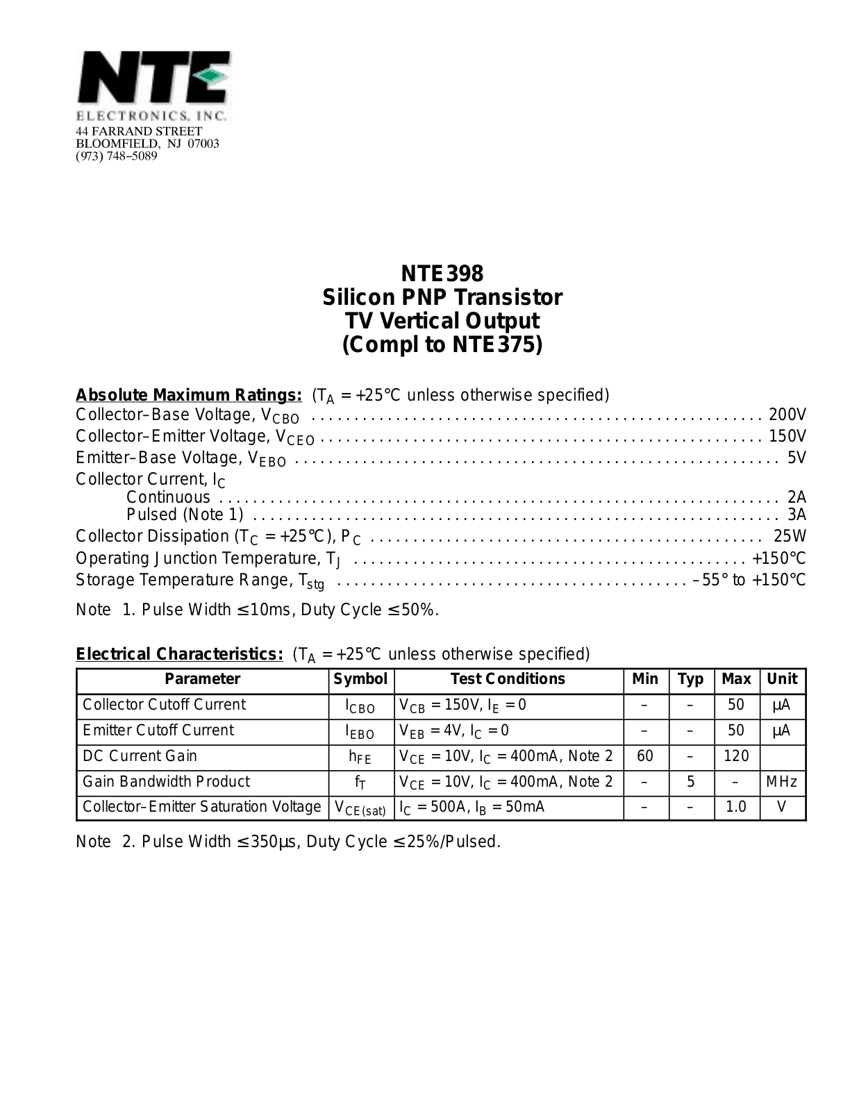Datasheet NTE398 Datasheet (NTE) - ManualMachine.com