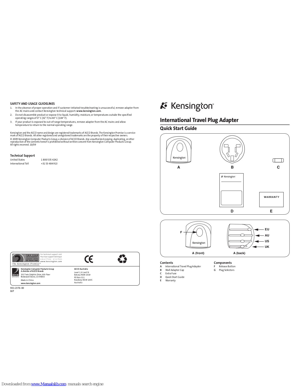 Kensington International Travel Plug Adapter Quick Start Manual