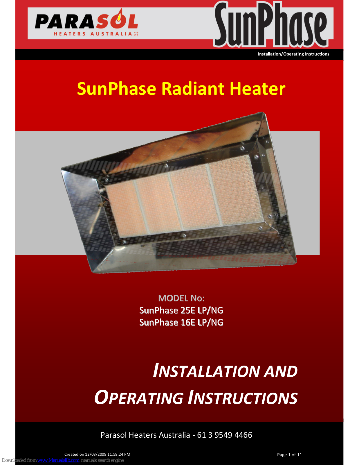 Parasol SunPhase 25E LP, SunPhase 25E NG, SunPhase 16E NG, SunPhase 16E LP Installation And Operating Instructions Manual