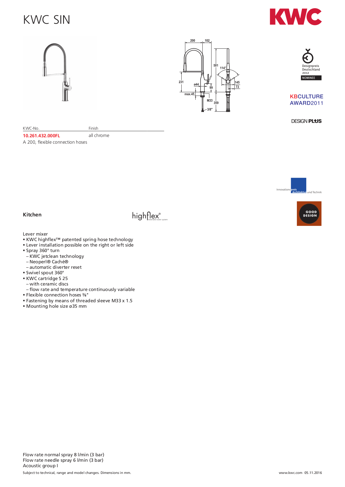 KWC 10261432000 Specifications Sheet