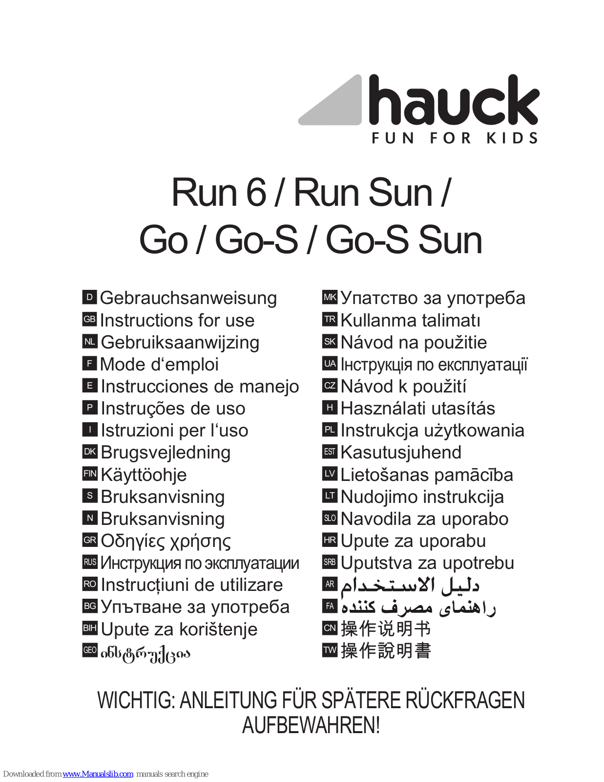 Hauck Run 6, Go-S, Go-S Sun, Run Sun, Go Instructions For Use Manual