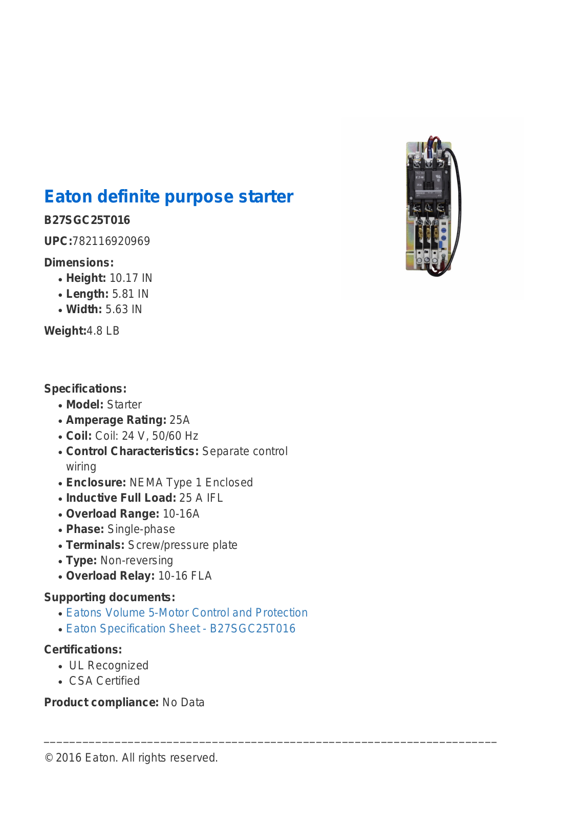 Cutler Hammer, Div of Eaton Corp B27SGC25T016 Specifications