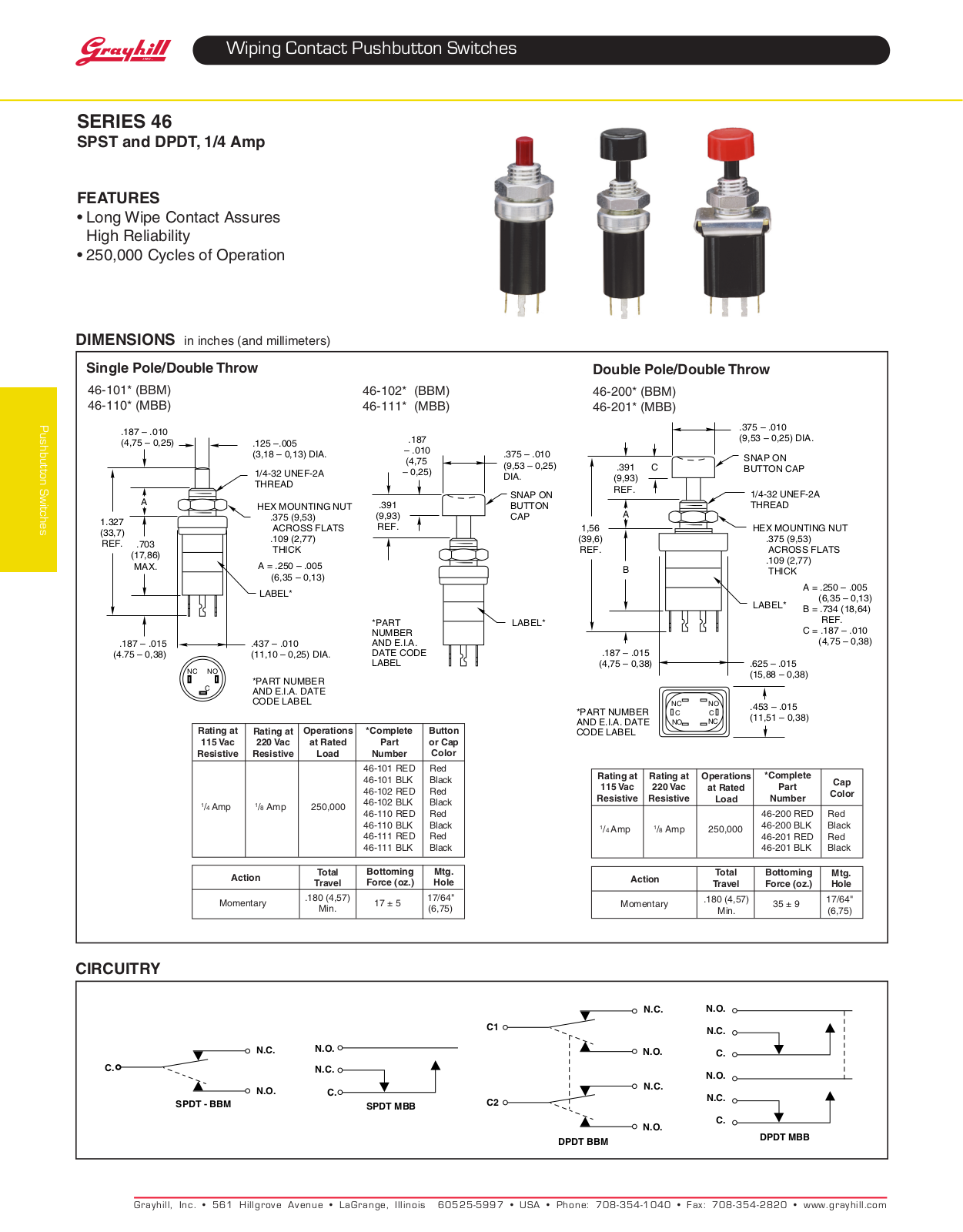 Grayhill Pushbutton switches Wiping Contacts 46 User Manual