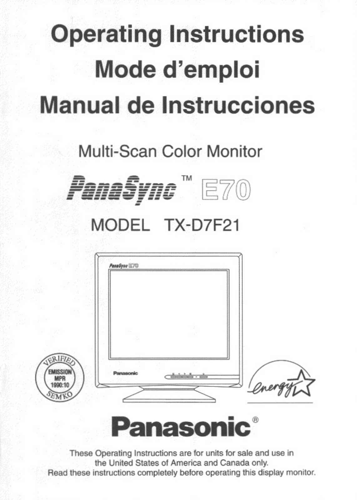 Panasonic e70 Operation Manual