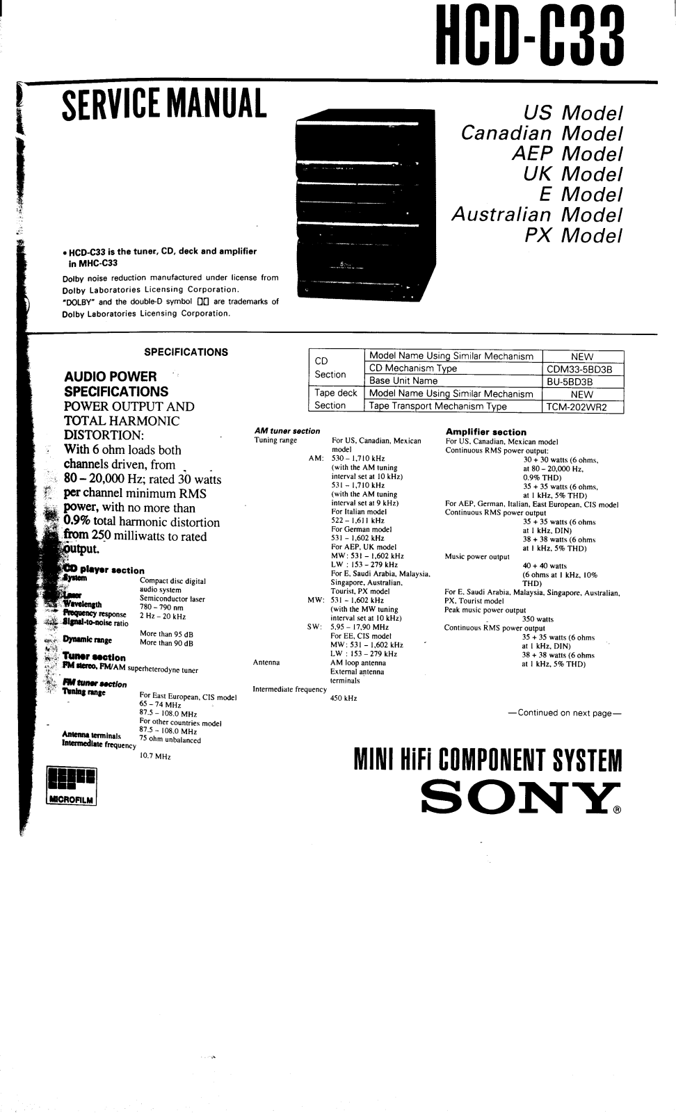 Sony HCD-C33 Operating Manual