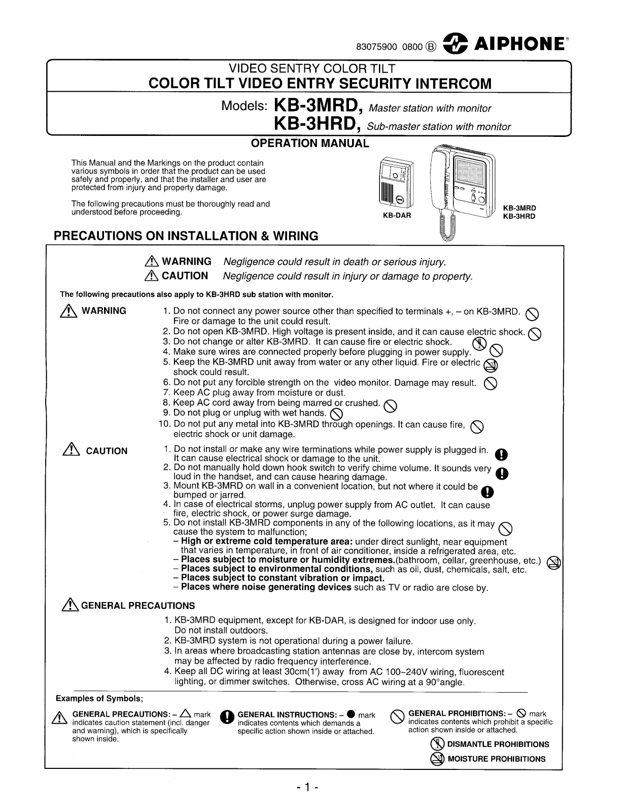 Aiphone KB-3HRD User Manual