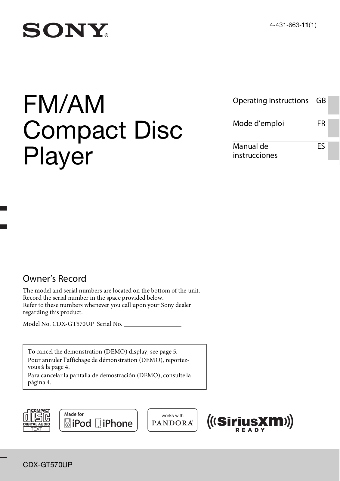 Sony CDX-GT570UP Operating Instruction