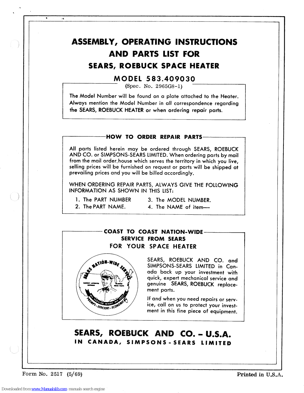 Sears, Roebuck and Co. 583.409030 Assembly, Operating Instructions And Parts List