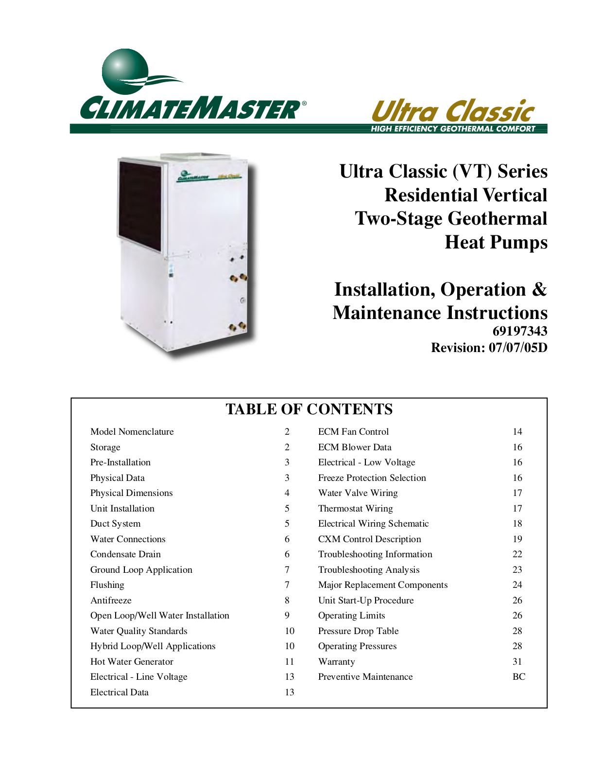 ClimateMaster Ultra Classic VT 072, Ultra Classic VT 060, Ultra Classic VT 042, Ultra Classic VT 048, Ultra Classic VT 036 Installation, Operation & Maintenance Instructions Manual