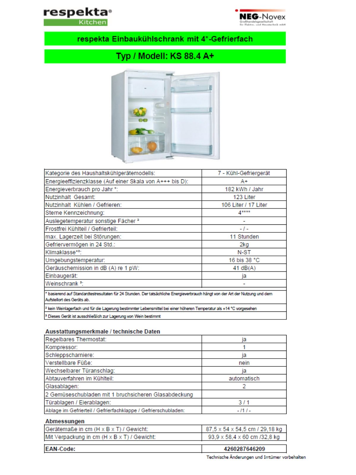 Menke Kuchen Rack Technical data