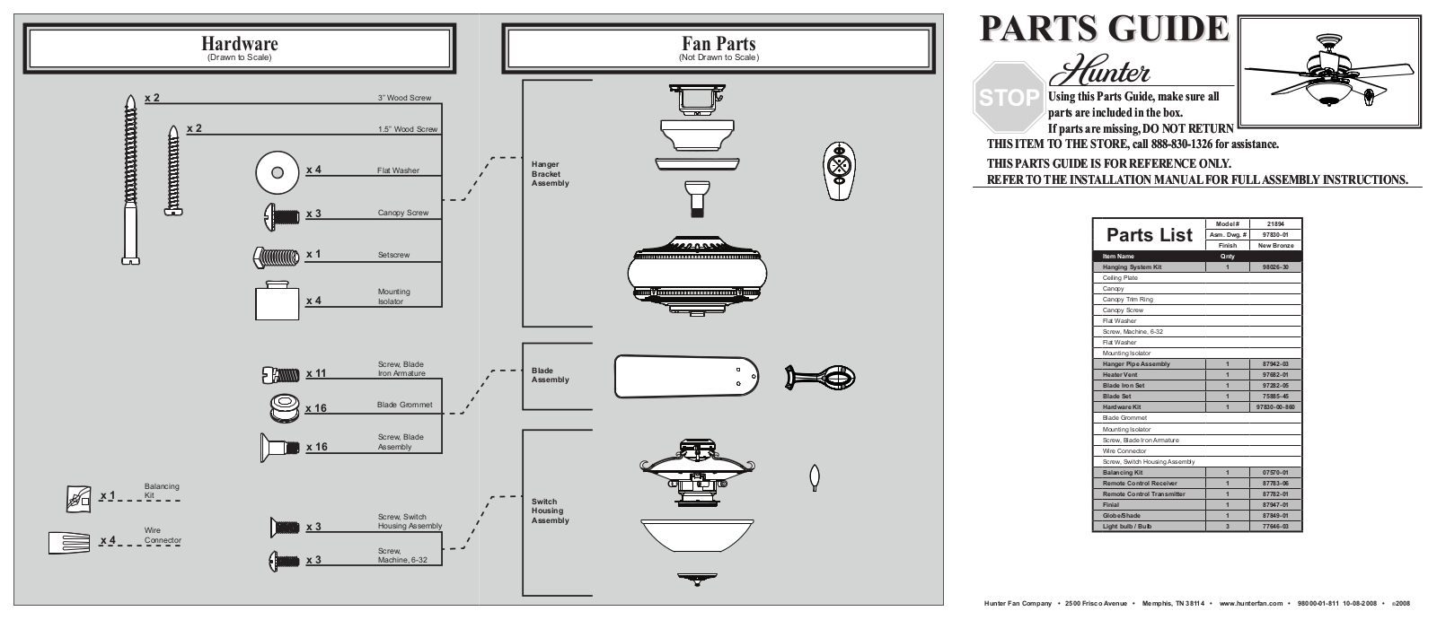 Hunter 21894 Parts Guide