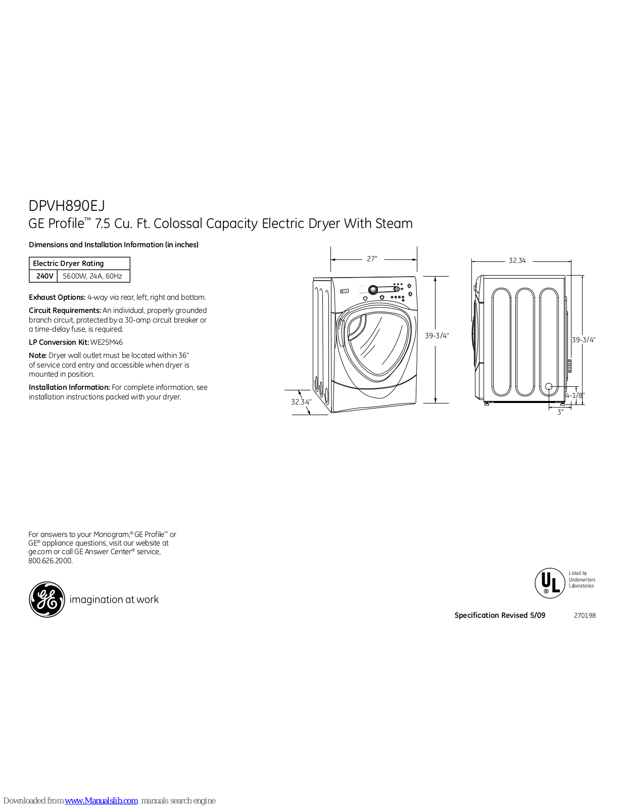 GE Profile DPVH890EJ Dimensions And Installation Information