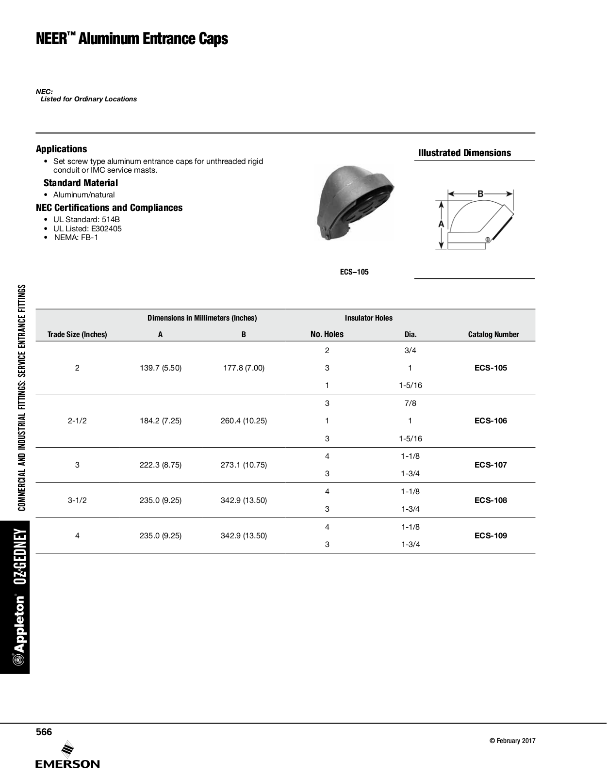 Appleton NEER™ Aluminum Entrance Caps Catalog Page